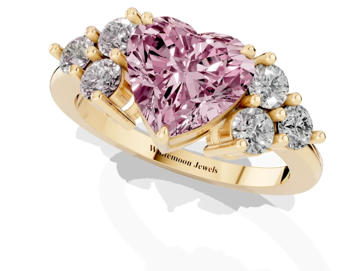 Fancy Pink Heart Cut Brilliant Diamond Cluster Accent Solitaire Ring with Prong Setting Yellow gold