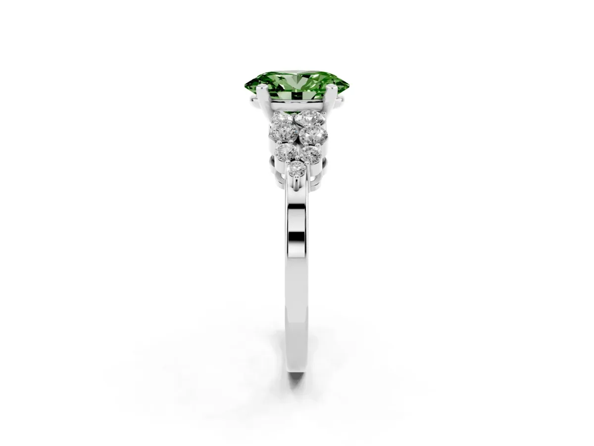 Fancy Green Oval Cut Cluster Diamond Engagement Ring with Pavé Band and Four-Prong Setting Platinum