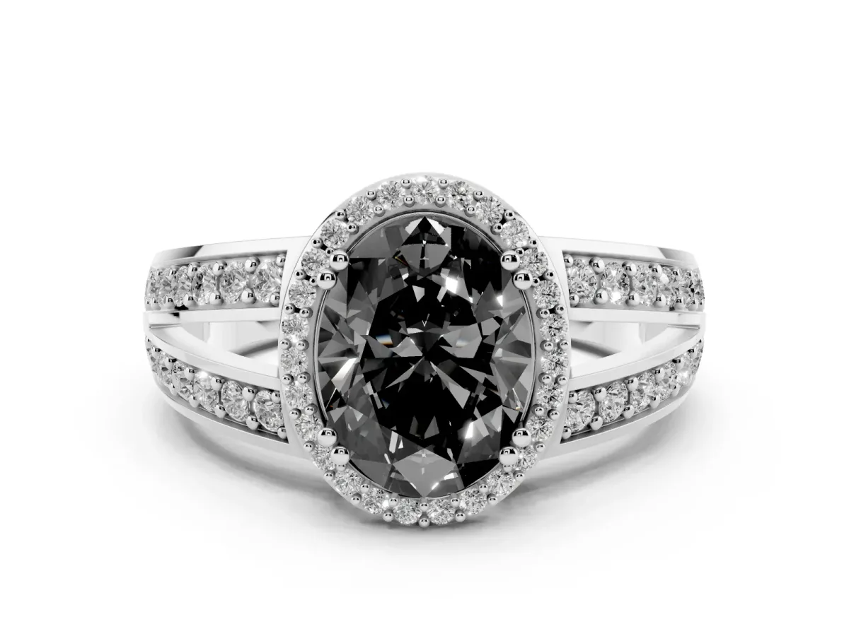 Fancy Black Oval Cut Diamond Halo Ring with Split Shank Pavé Band and Four-Prong Setting White gold