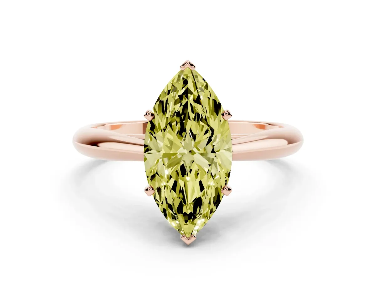 Fancy Yellow Marquise Cut Diamond Solitaire Engagement Ring with Cathedral Setting and Four-Prong Mount Rose gold