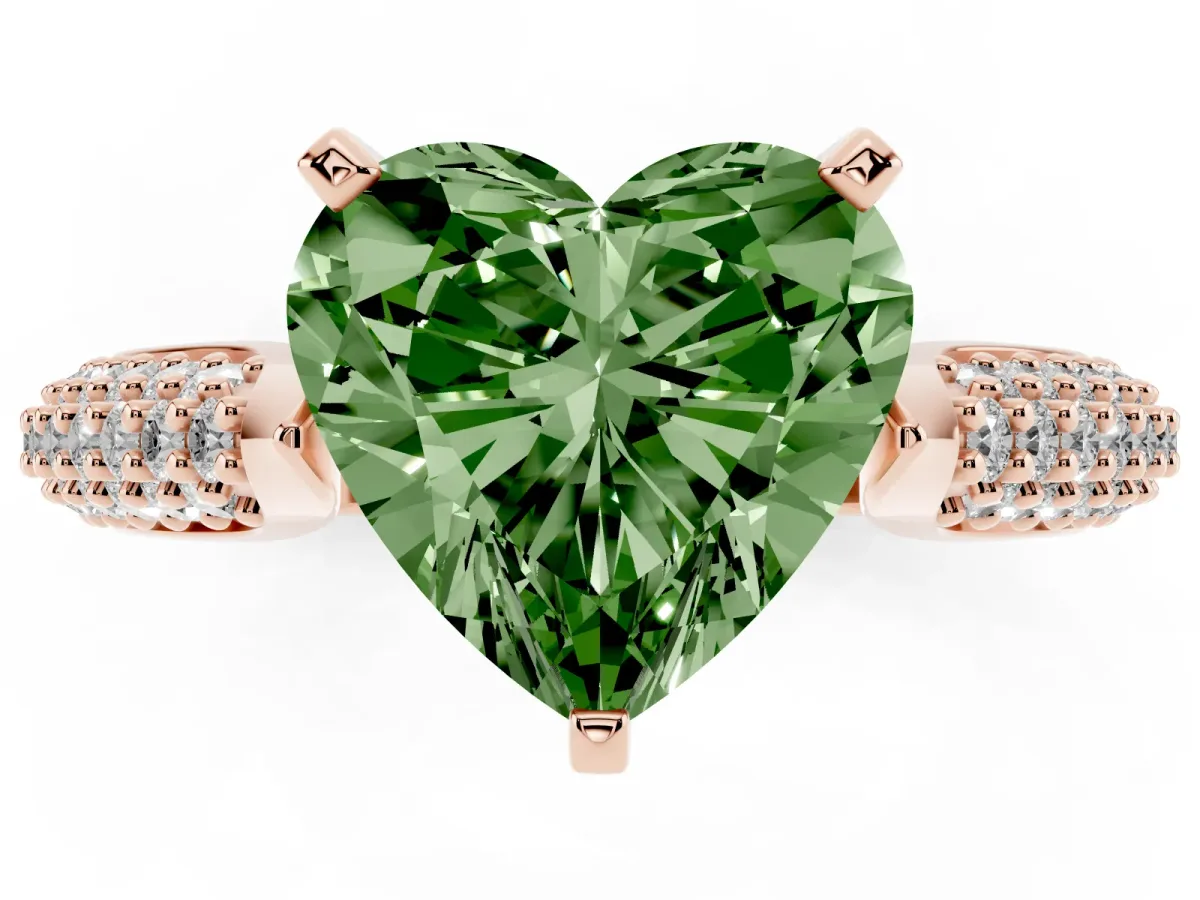 Fancy Green Heart Cut Diamond Solitaire Engagement Ring with Multi-Row Round Pavé Band and Prong Setting Rose gold