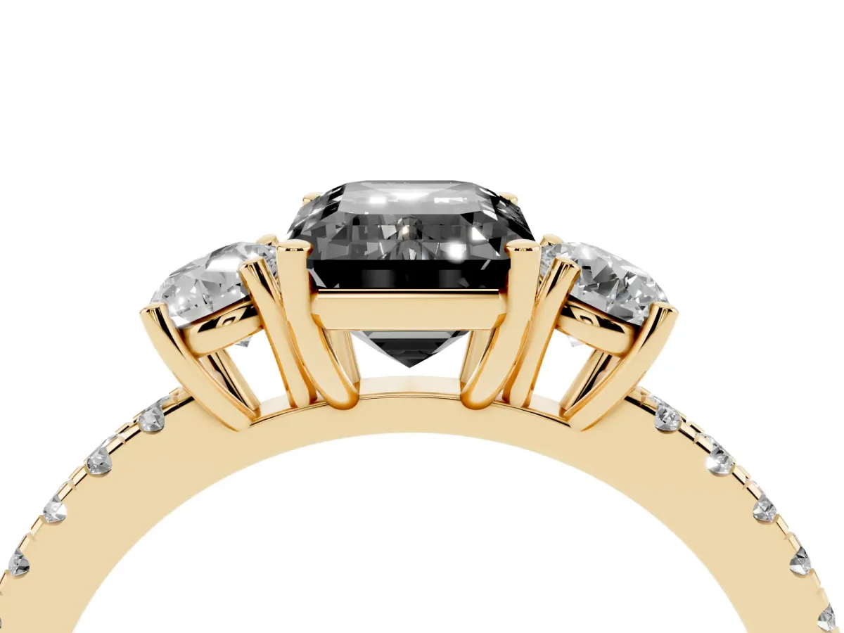 Fancy Black Three-Stone Emerald Cut Cut Diamond Pavé Band with Prong Setting Yellow gold