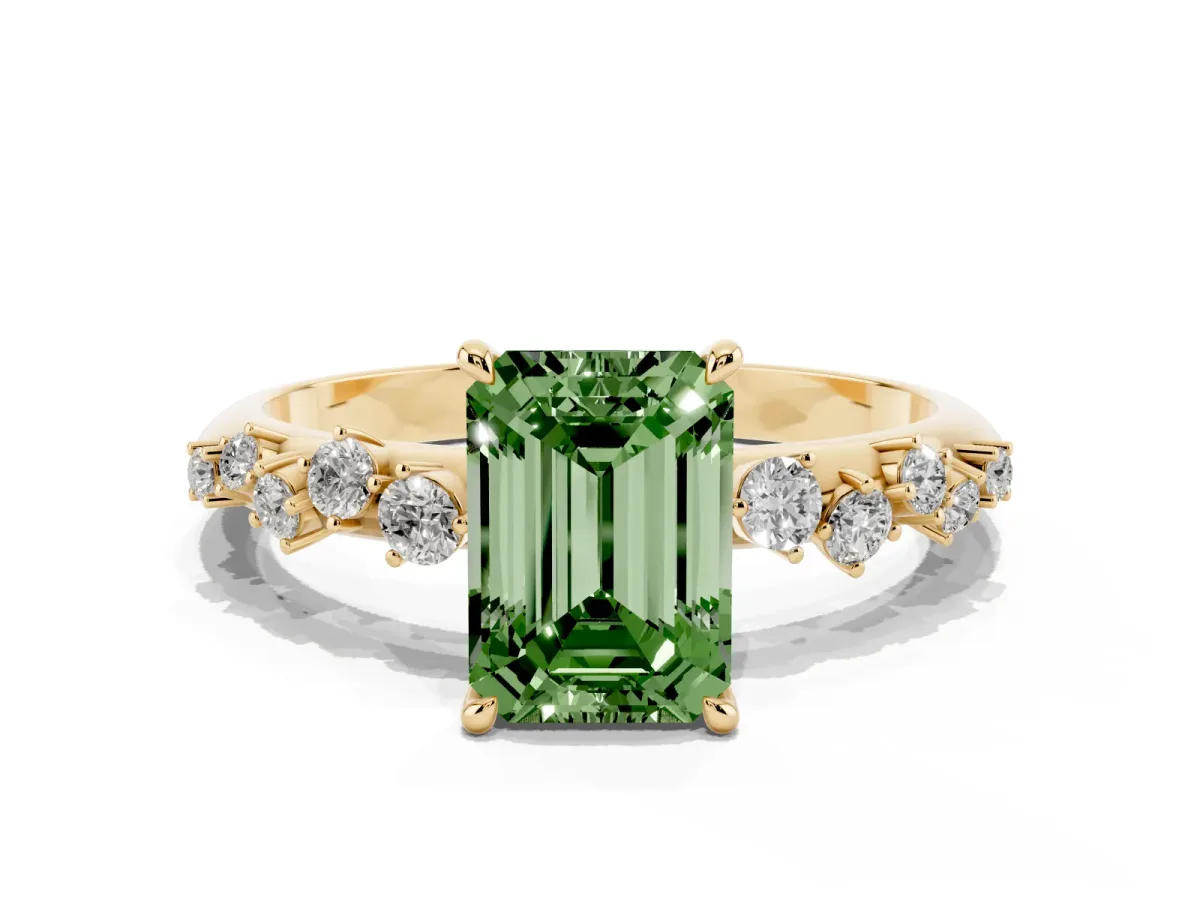 Fancy Green Emerald Cut Diamond Cluster Side Stone Solitaire Ring with Prong Setting Yellow gold