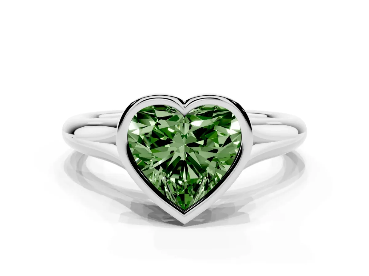Fancy Green Bezel Set Heart Cut Solitaire Diamond Ring with Smooth Band Silver