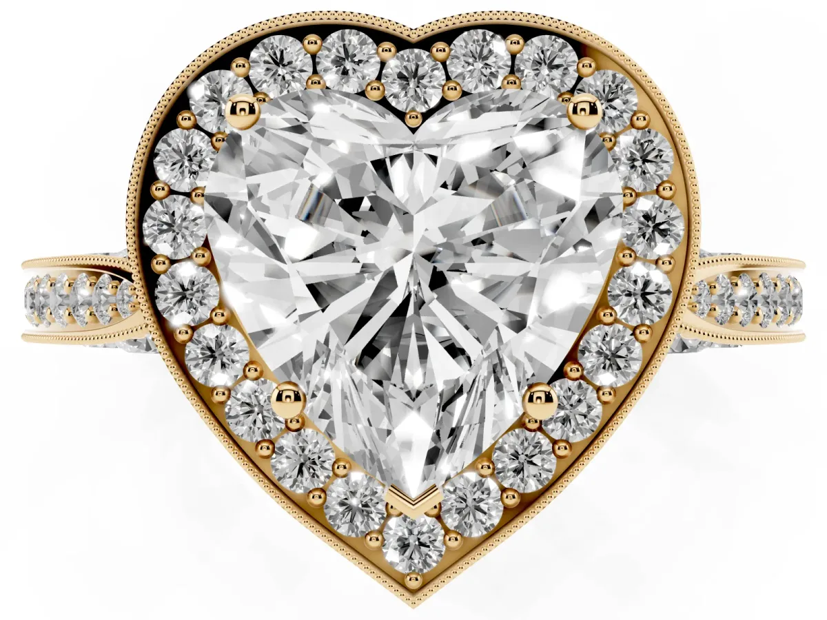 Heart Cut Halo Diamond Engagement Ring with Split Shank Band and Four-Prong Setting Yellow gold