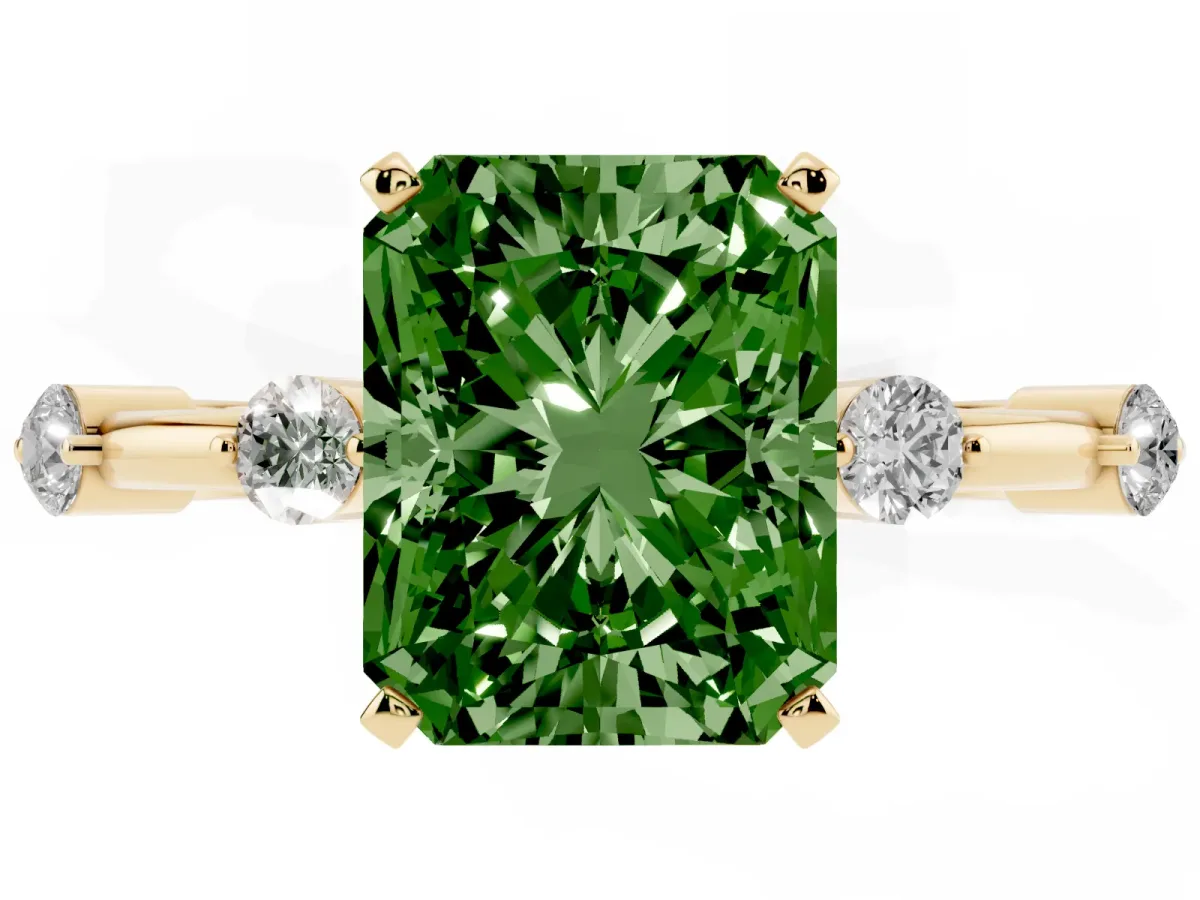 Fancy Green Radiant Cut Solitaire Diamond Ring with Bezel Set Side Stones and Prong Setting Yellow gold
