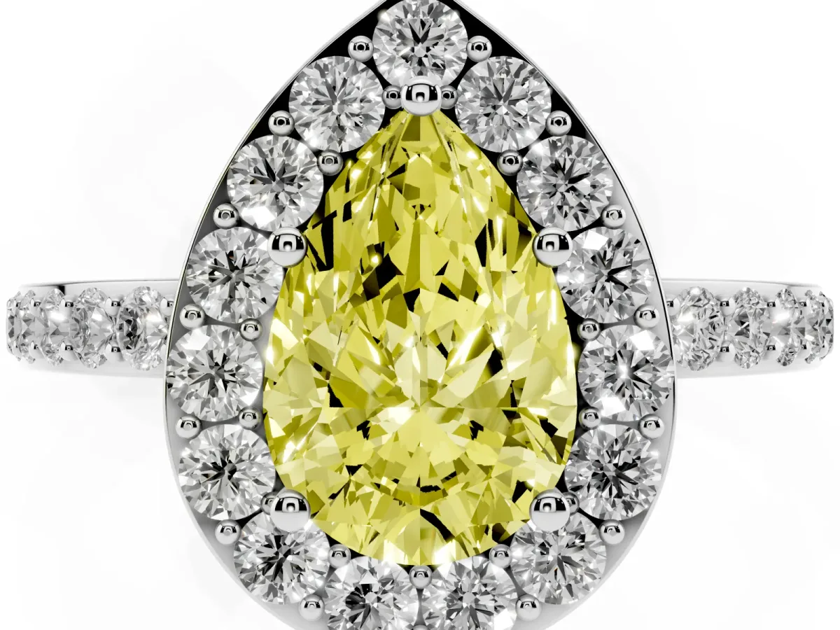 Fancy Yellow Pear Cut Halo Diamond Pavé Band Ring with Prong Setting Silver