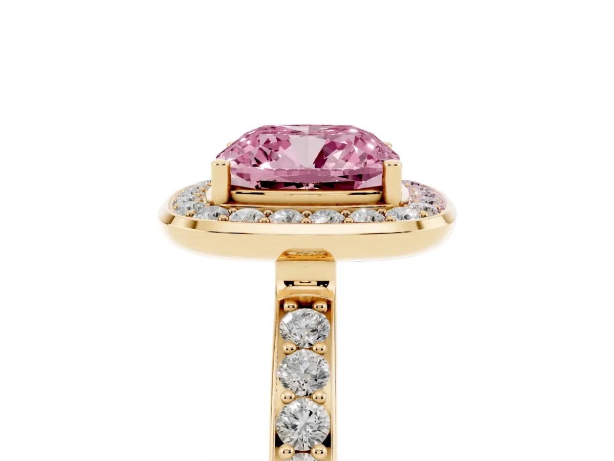 Fancy Pink Cushion Cut Diamond Halo Ring with Bezel Frame and Pavé Band Yellow gold