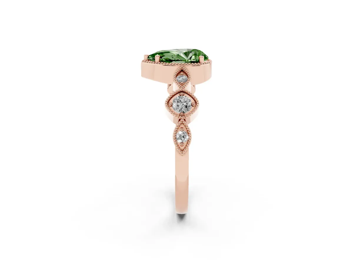 Fancy Green Pear Cut Diamond Vintage Milgrain Ring with Round Stations Rose gold