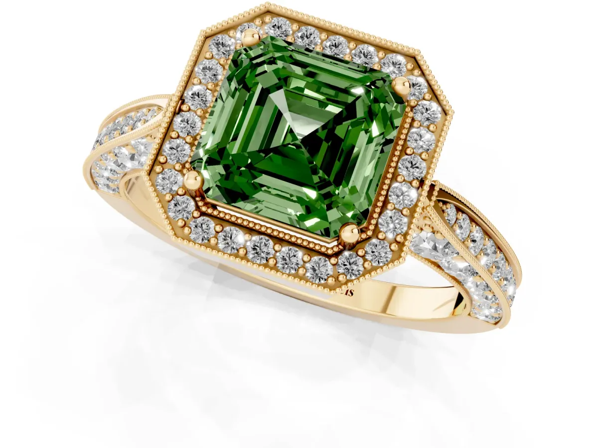 Fancy Green Asscher Cut Halo Diamond Engagement Ring with Split Shank Band and Four-Prong Setting Yellow gold