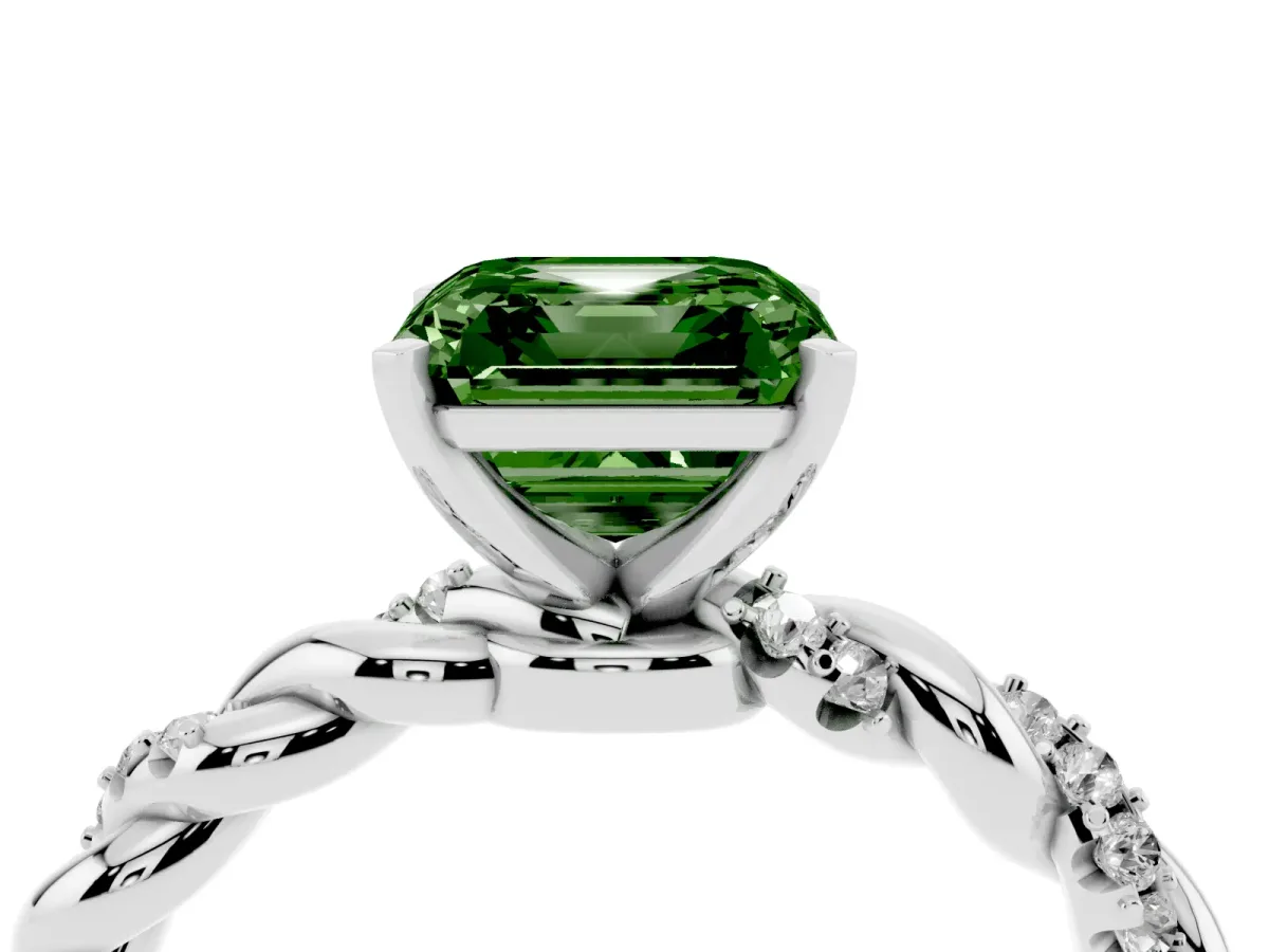 Fancy Green Asscher Cut Diamond Solitaire Ring with Twisted Band and Pavé Accents Silver