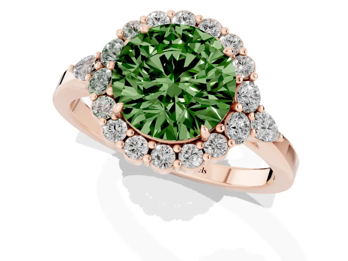 Fancy Green Round Cut Diamond Halo Ring with Pear Side Stones and Prong Setting Rose gold