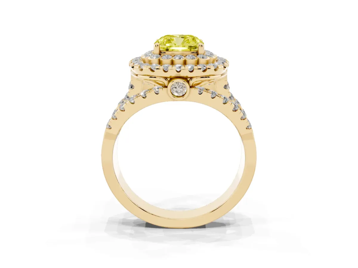 Fancy Yellow Cushion Cut Diamond Double Halo Ring with Round Pavé Split Shank and Prong Setting Yellow gold