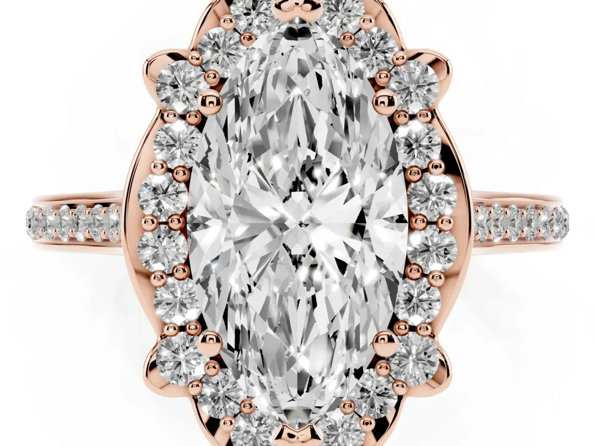 Marquise Cut Halo Round Diamond Pave Band with Four-Prong Setting Rose gold