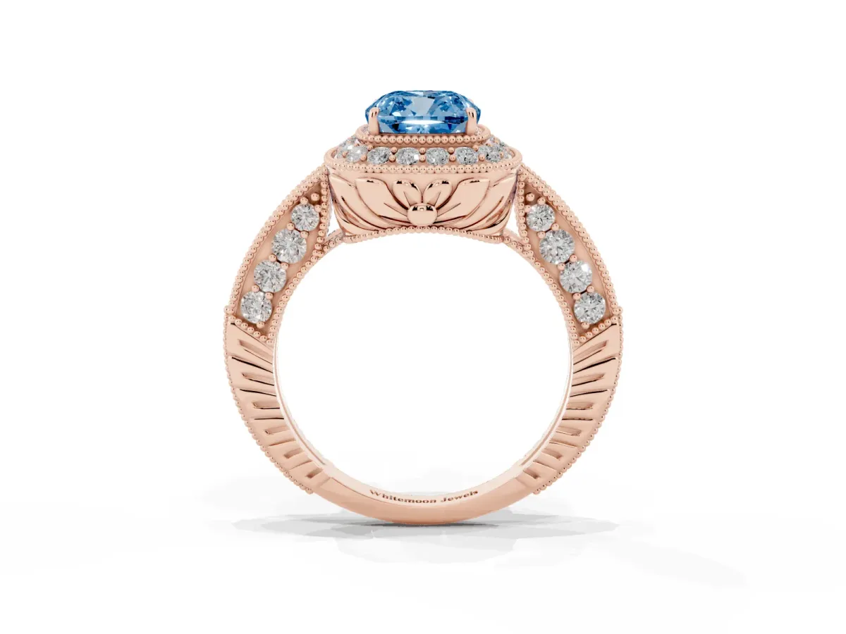 Fancy Blue Cushion Cut Halo Diamond Split Shank Ring with Milgrain Detail Rose gold