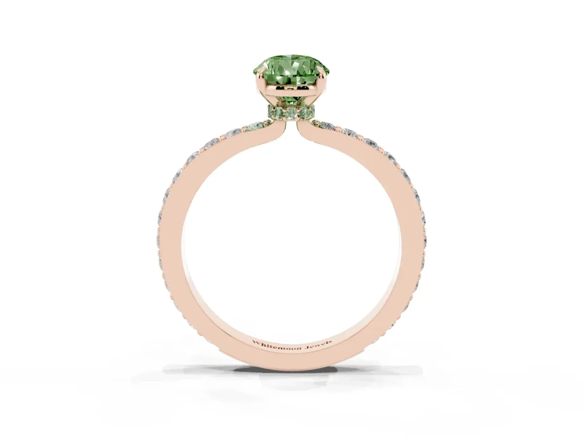 Fancy Green Pear Cut Diamond Pavé Engagement Ring with Round Accents and Prong Setting Rose gold
