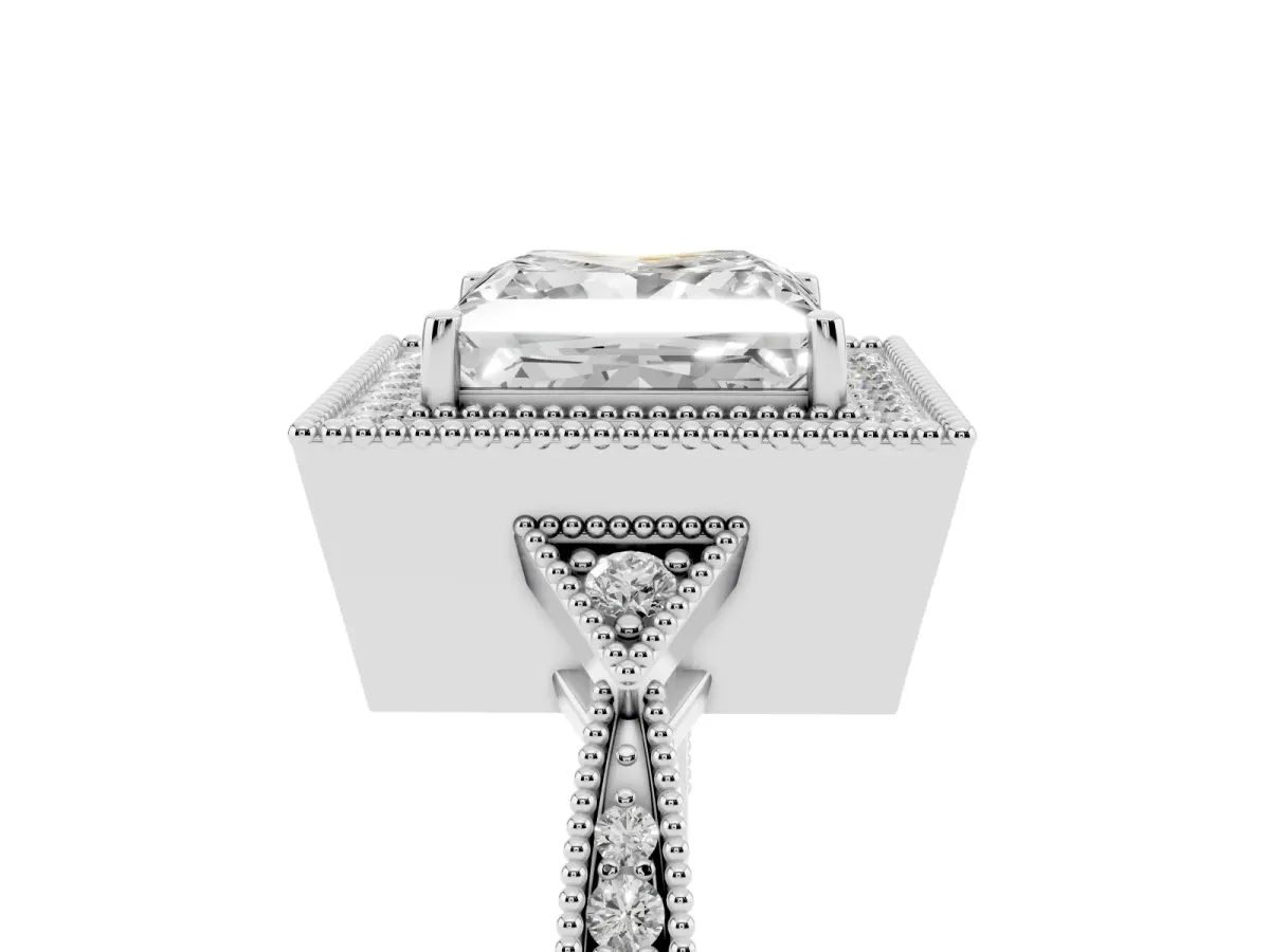 Princess Cut Halo Round Diamond Milgrain Pave Engagement Ring Silver