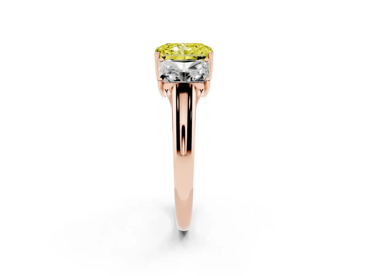 Fancy Yellow Three-Stone Radiant Cut Diamond Engagement Ring with Prong Setting Rose gold