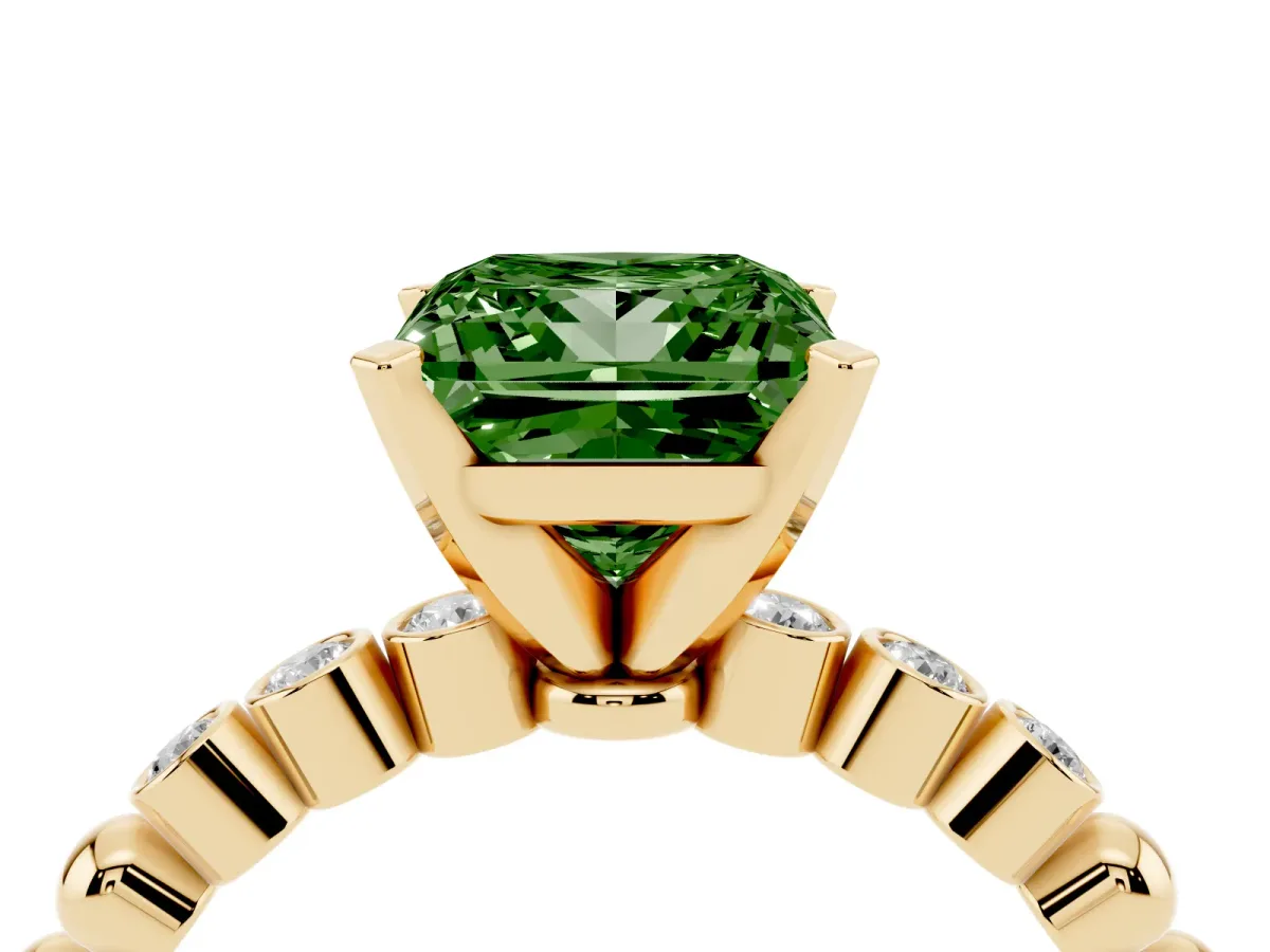 Fancy Green Princess Cut Solitaire Bezel Accent Diamond Engagement Ring with Beaded Band and Four-Prong Setting Yellow gold