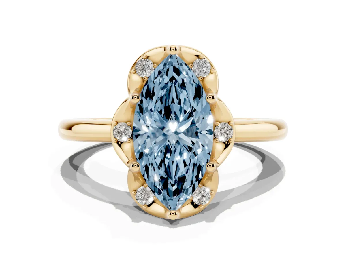 Fancy Blue Marquise Cut Halo Diamond Ring with Round Cluster Setting, Solitaire Band, and Four-Prong Setting Yellow gold