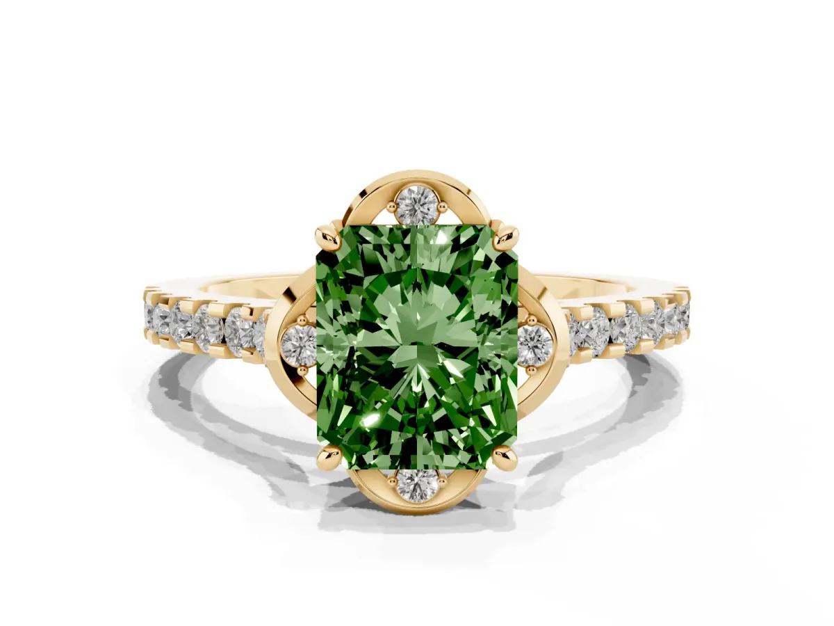 Fancy Green Radiant Cut Diamond Ring with Pavé Band and Floral Prong Setting Yellow gold
