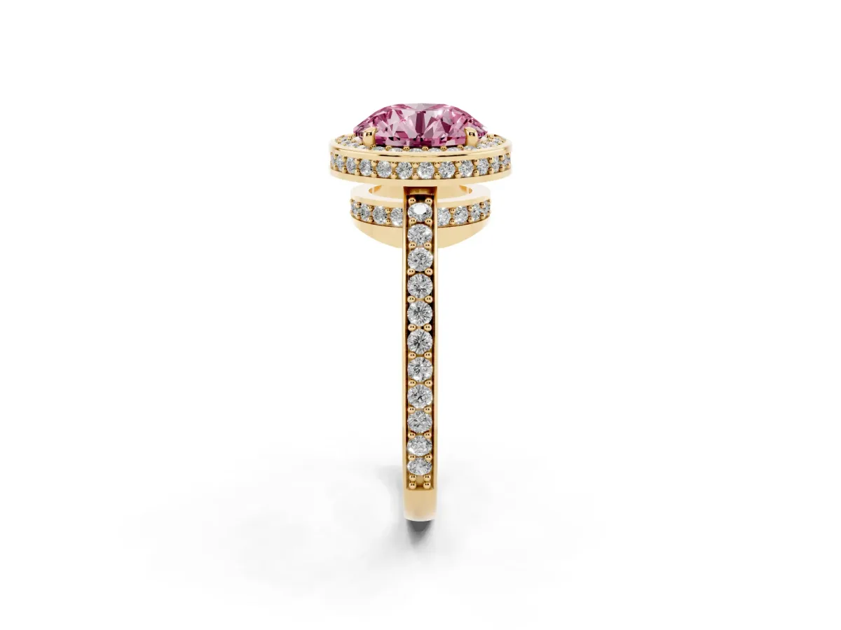 Fancy Pink Round Cut Halo Pave Band Solitaire Ring with Prong Setting Yellow gold