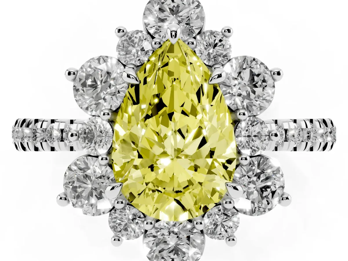 Fancy Yellow Pear Cut Diamond Floral Halo Ring with Round Pavé Band and Prong Setting Silver