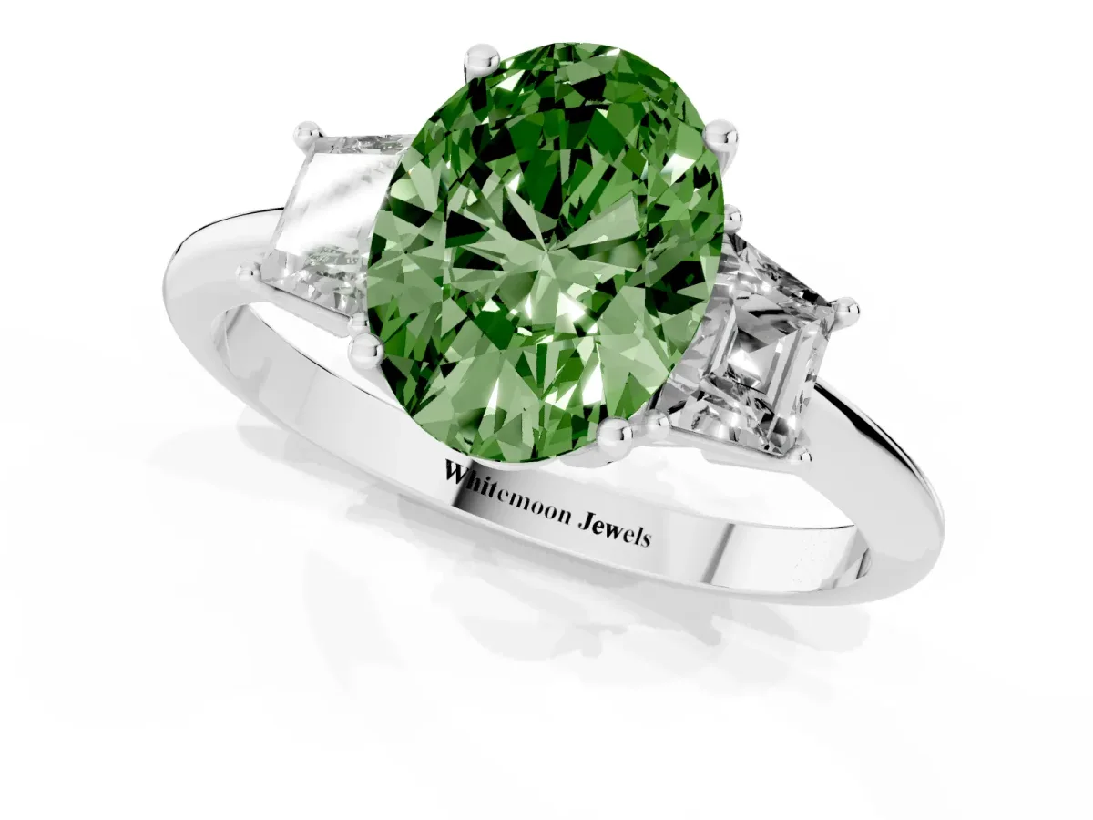 Fancy Green Oval Cut Diamond Three-Stone Ring with Trapezoid Side Stones and Prong Setting Platinum
