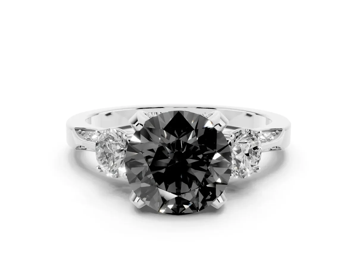 Fancy Black Round Cut Brilliant Three-Stone Diamond Ring with Pavé Band and Four-Prong Setting Platinum