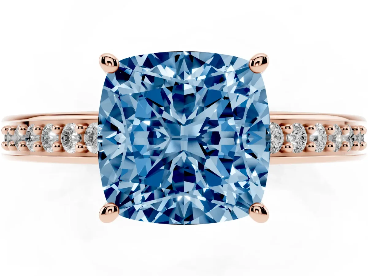 Fancy Blue Cushion Cut Solitaire Pavé Band Prong Setting Ring Rose gold