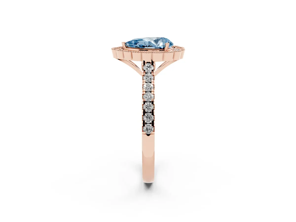 Fancy Blue Pear Cut Cut Diamond Milgrain Floral Halo Engagement Ring with Pavé Band Rose gold