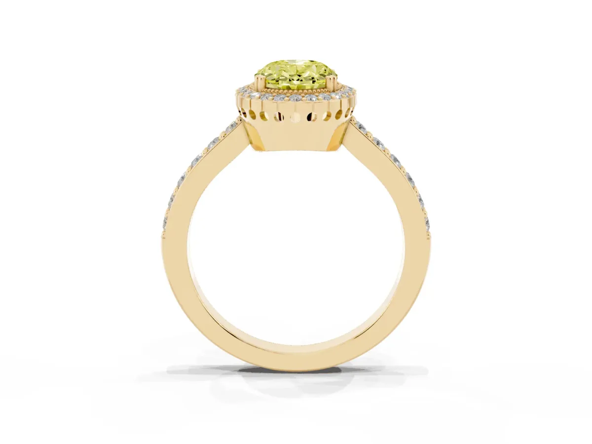 Fancy Yellow Oval Cut Cut Diamond Halo Engagement Ring with Milgrain Detail and Pavé Band Yellow gold