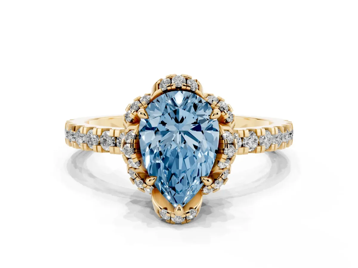 Fancy Blue Pear Cut Halo Diamond Pave Band Ring with Four-Prong Setting Yellow gold