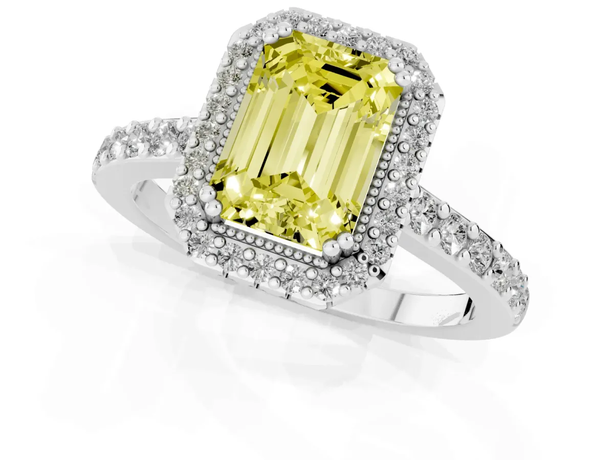 Fancy Yellow Emerald Cut Cut Diamond Halo Engagement Ring with Milgrain Detail and Pavé Band Silver