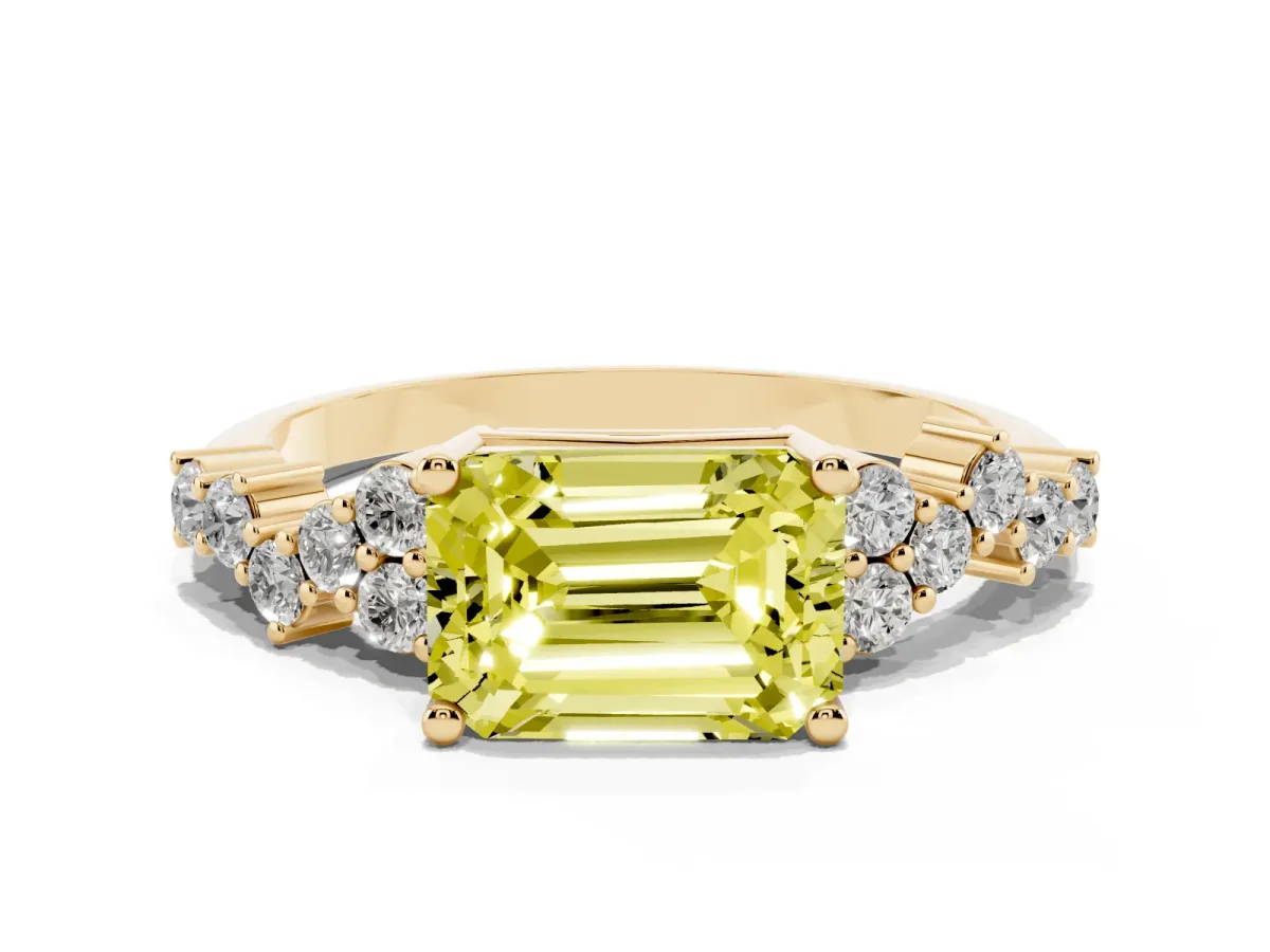 Fancy Yellow Emerald Cut Diamond Scattered Round Accent Ring with Prong Setting Yellow gold