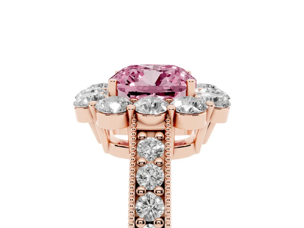 Fancy Pink Cushion Cut Cut Halo Diamond Pavé Engagement Ring with Milgrain Detailing Rose gold