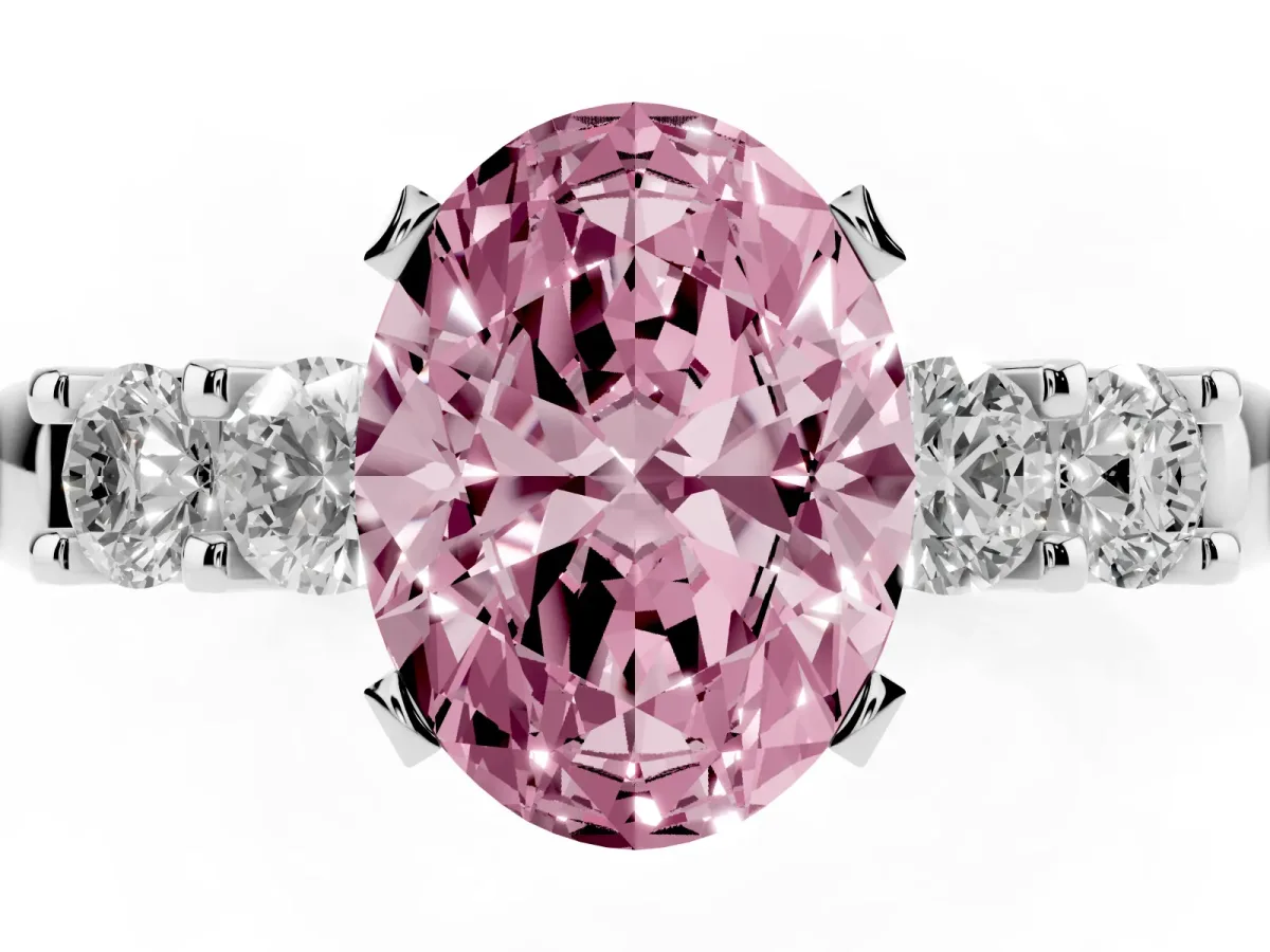Fancy Pink Oval Cut Brilliant Cut Diamond Five-Stone Prong Set Engagement Ring with Channel Band Silver