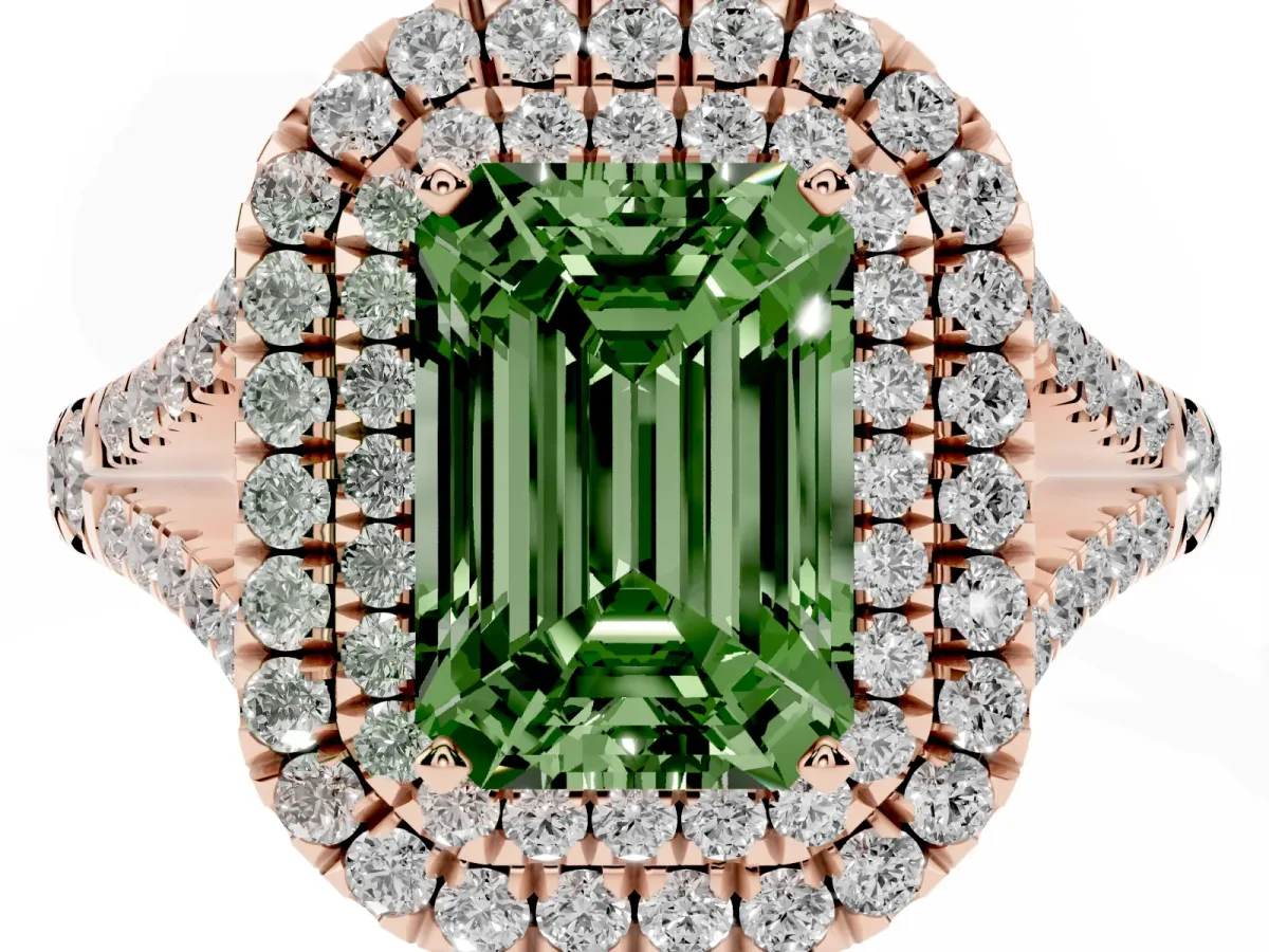 Fancy Green Emerald Cut Diamond Pavé Split Shank Double Halo Engagement Ring Rose gold