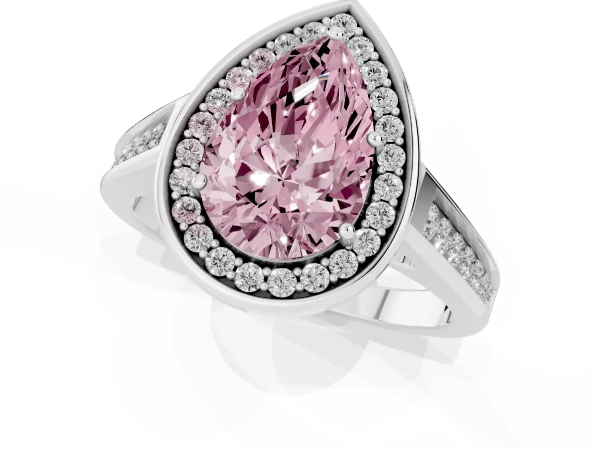 Fancy Pink Pear Cut Halo Solitaire Diamond Ring with Pave Band and Bezel Setting Silver