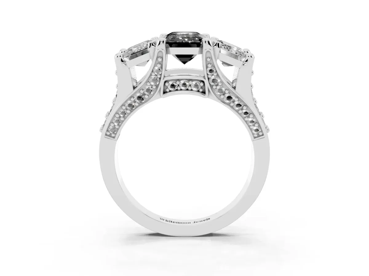 Fancy Black Emerald Cut Diamond Three-Stone Ring with Channel Set Band and Four-Prong Setting Silver