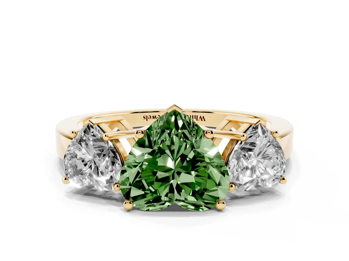 Fancy Green Three-Stone Heart Cut Cut Diamond Engagement Ring with Flat Band and Four-Prong Setting Yellow gold