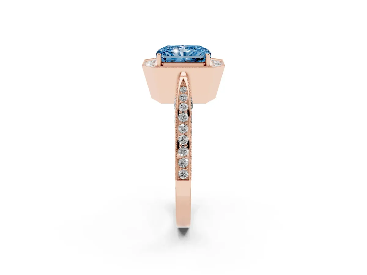 Fancy Blue Radiant Cut Halo Diamond Engagement Ring with Split Shank Band and Four-Prong Setting Rose gold