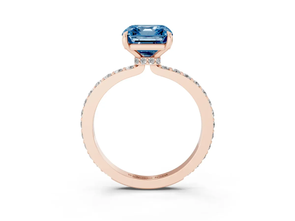 Fancy Blue Asscher Cut Diamond Pavé Engagement Ring with Round Accents and Prong Setting Rose gold