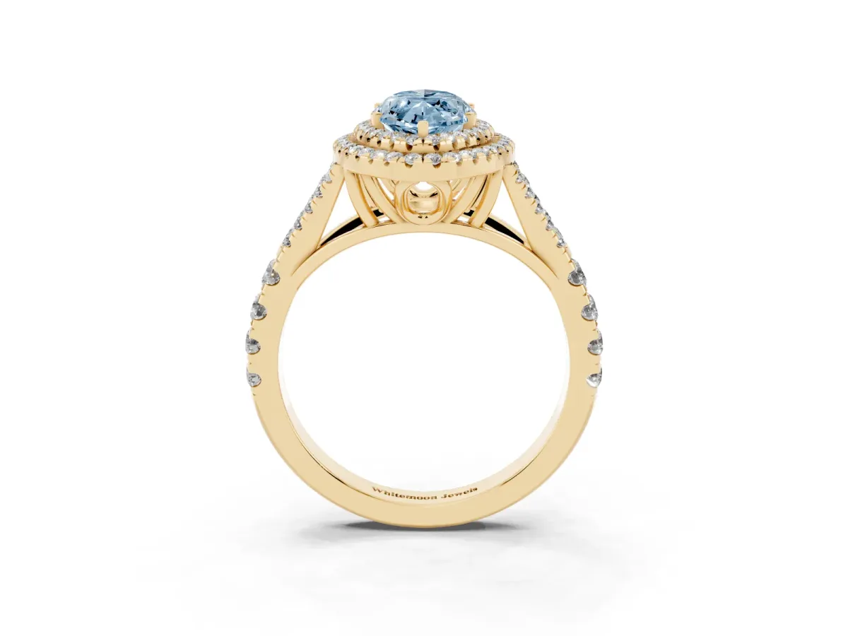 Fancy Blue Double Halo Marquise Cut Diamond Split Shank Engagement Ring with Four-Prong Setting Yellow gold