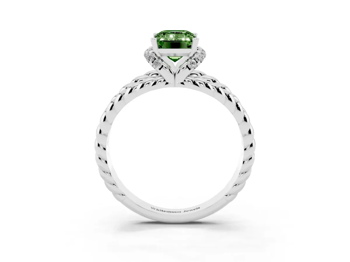 Fancy Green Emerald Cut Halo Twisted Band Four-Prong Ring Silver