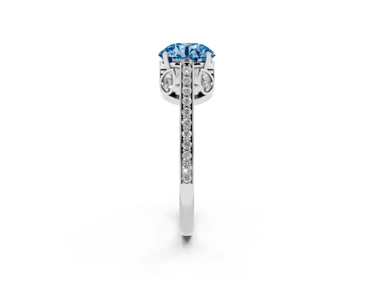 Fancy Blue Round Cut Cut Cathedral Pave Diamond Engagement Ring with Six-Prong Setting Platinum