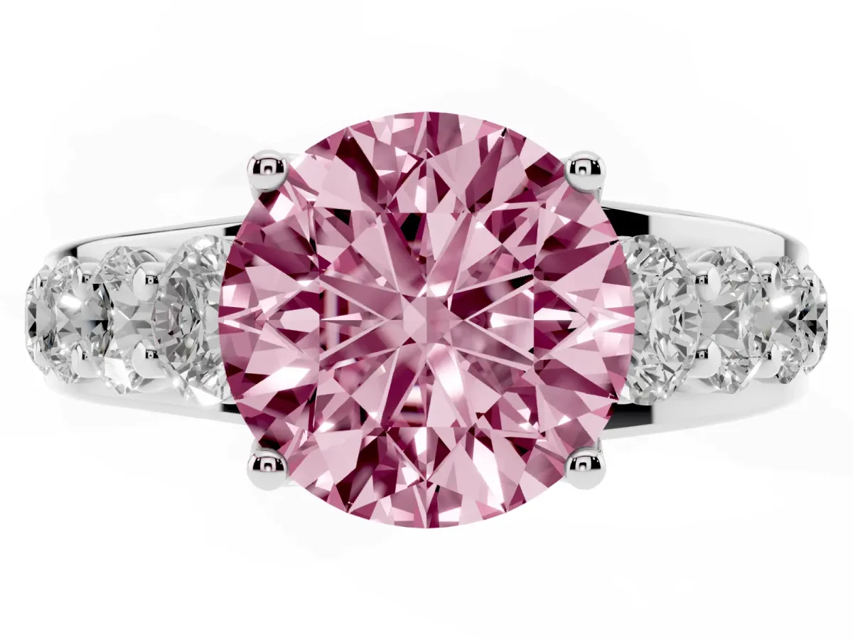 Fancy Pink Round Cut Diamond Engagement Ring with Pavé Band and Four-Prong Setting Platinum