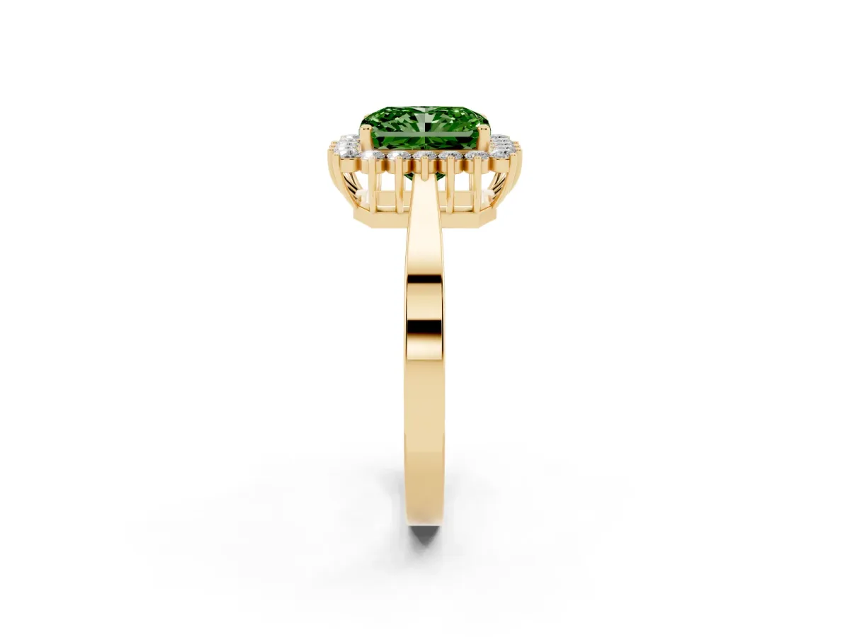 Fancy Green Radiant Cut Cut Diamond Halo Ring with Round Brilliant Halo and Solitaire Band Yellow gold