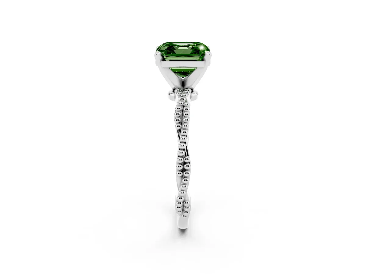 Fancy Green Asscher Cut Solitaire Twisted Band with Bead Prong Setting Platinum