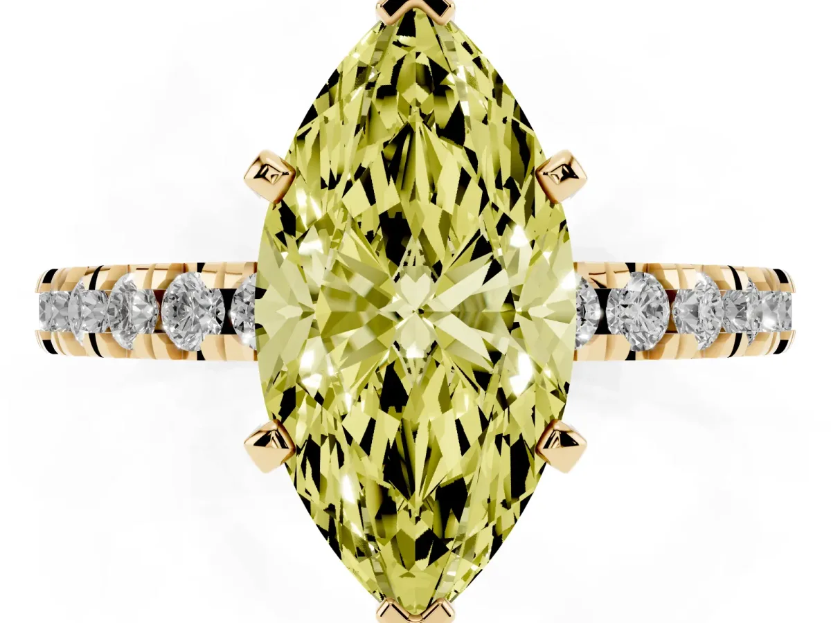 Fancy Yellow Marquise Cut Diamond Pavé Band Solitaire with Four-Prong Setting Yellow gold